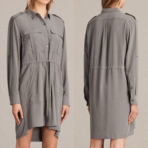 AllSaints Millie Shirt Dress Grey Modal Size Medium Military Style Long Sleeves‎